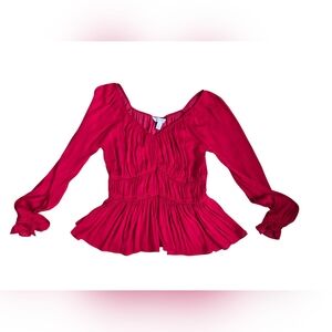 Nine West Red Ruched Peasant Blouse Size Small